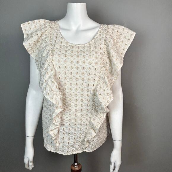 Sezane Top Forta Blouse XXL / Size 12 Sleeveless Ruffle Blouse Eyelet Cotton - Picture 3 of 12